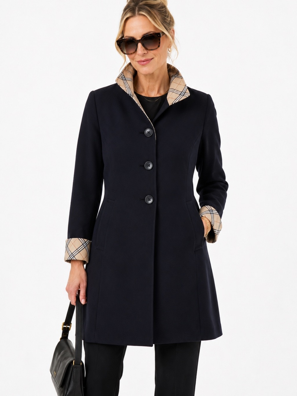 Novelti Black A-Line Plaid Lined Coat NWOT Size S